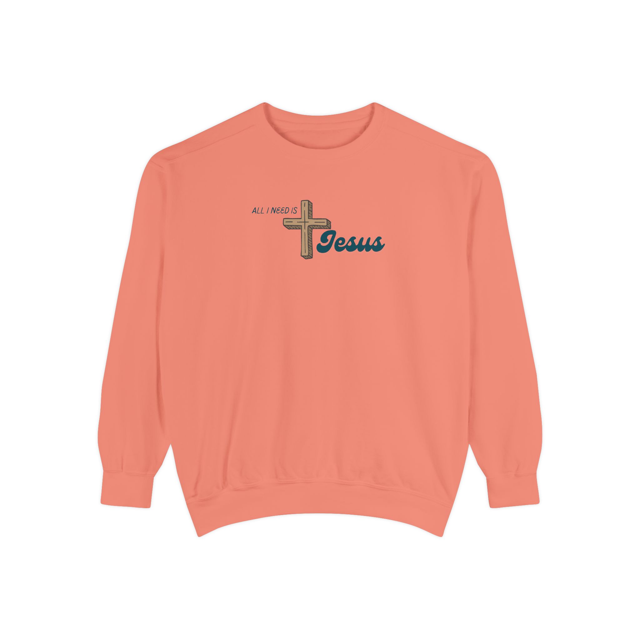 All I Need is Jesus – "The Wooden Cross" Vintage Garment-Dyed Sweatshirt - Imagen 3
